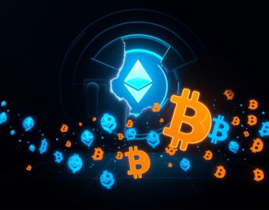 Visual metaphor for the KelpDAO exploit showing stolen Ethereum being converted to Bitcoin.