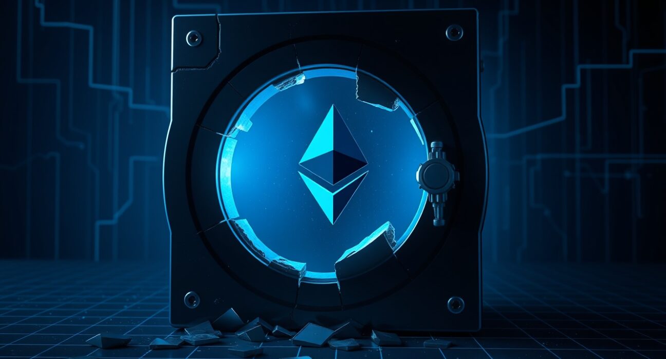 Digital representation of the KelpDAO exploit showing a breached Ethereum vault.