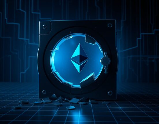 Digital representation of the KelpDAO exploit showing a breached Ethereum vault.