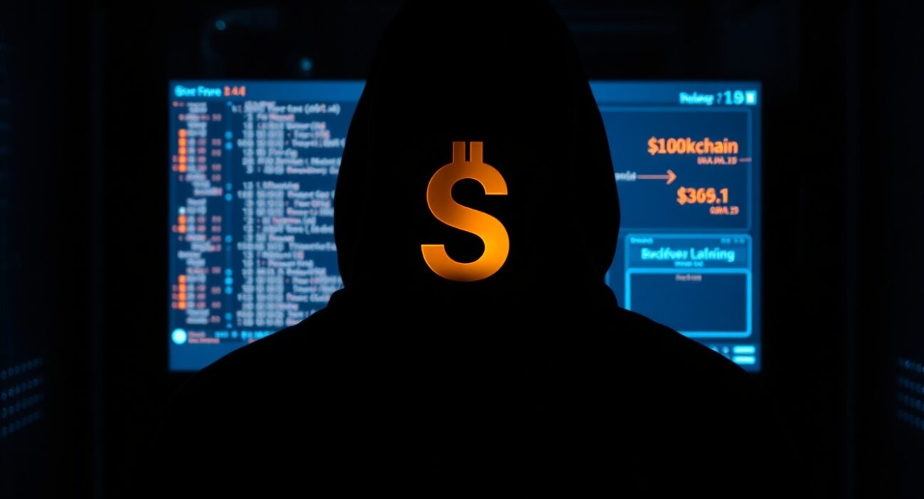Hooded figure in dark room facing glowing computer monitor displaying blockchain data and dollar amount