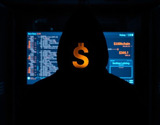 Hooded figure in dark room facing glowing computer monitor displaying blockchain data and dollar amount