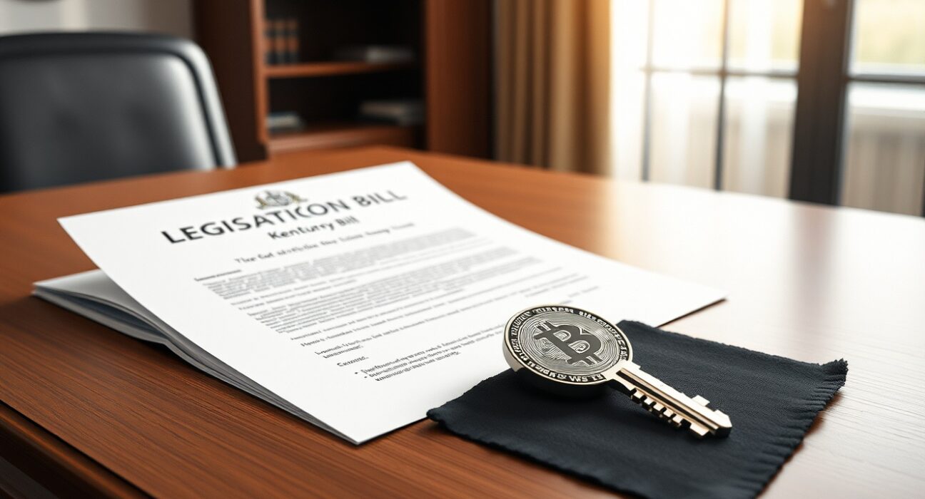 Kentucky legislative bill and Bitcoin key symbolizing the protection of digital asset self-custody rights.