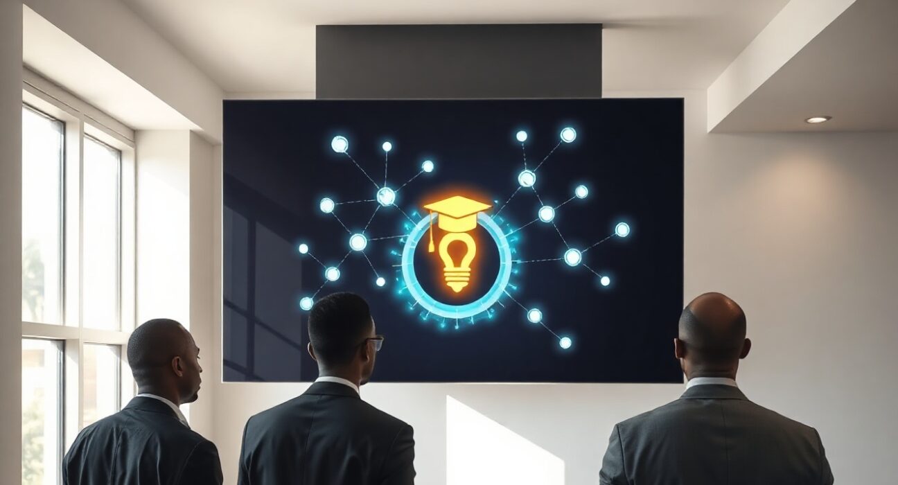 Digital blockchain network interface with graduation cap icon in a Kenyan educational office
