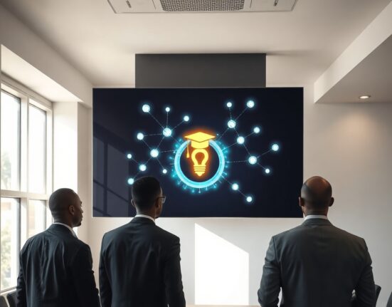 Digital blockchain network interface with graduation cap icon in a Kenyan educational office
