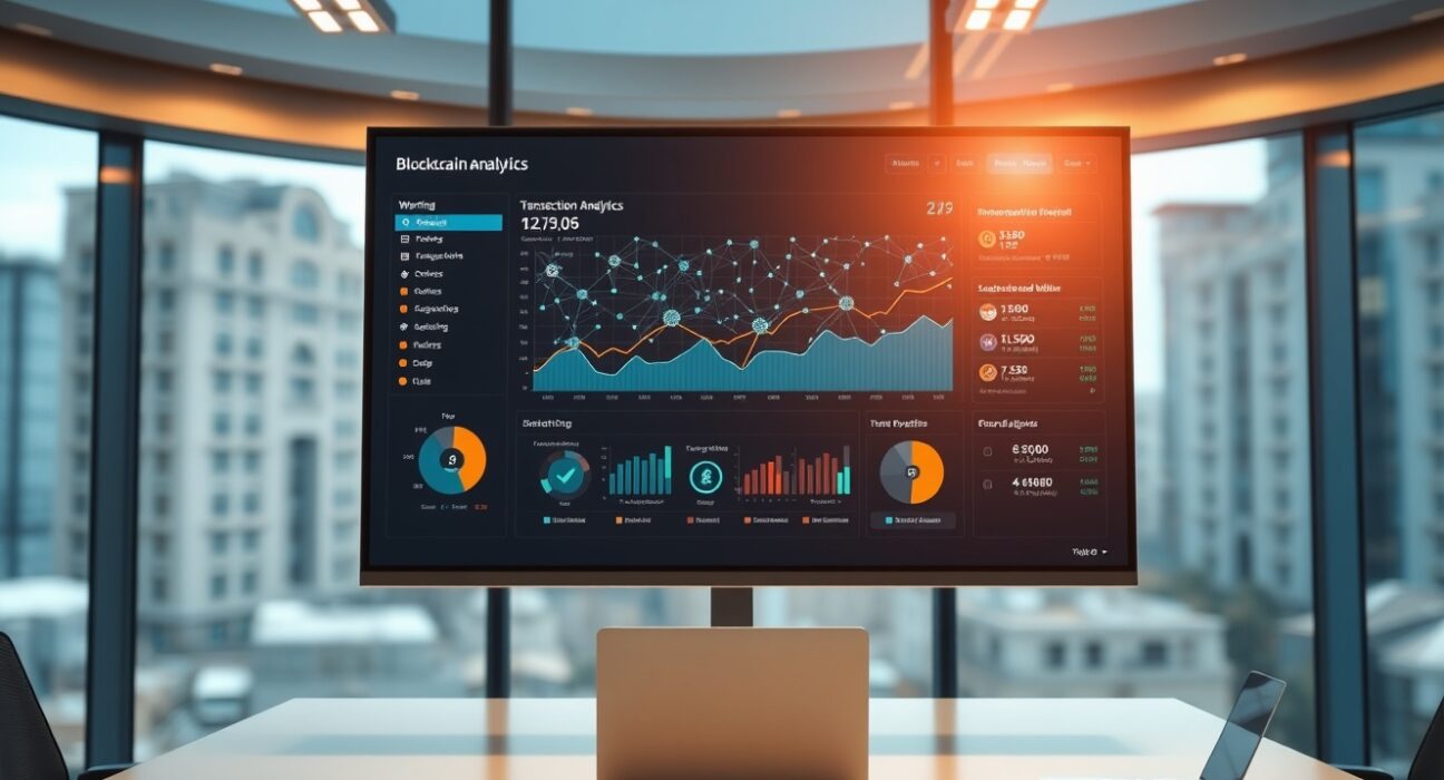 Digital dashboard showing blockchain analytics and suspicious transaction alerts in a Nairobi office