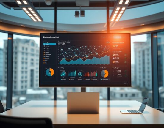 Digital dashboard showing blockchain analytics and suspicious transaction alerts in a Nairobi office