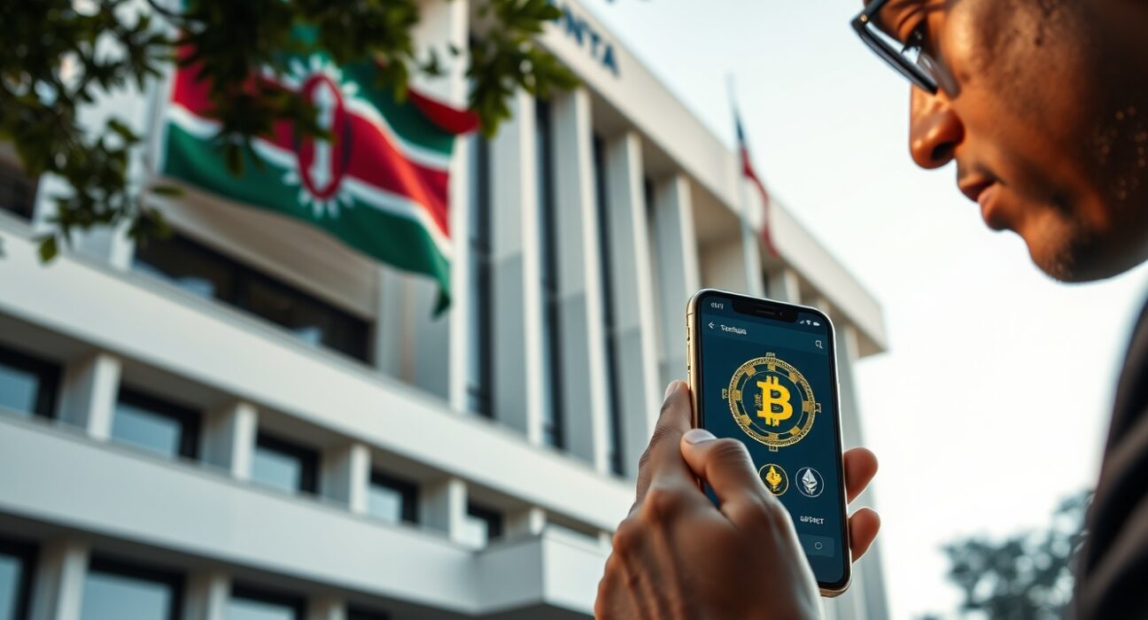 Government building in Nairobi with person viewing crypto wallet on smartphone
