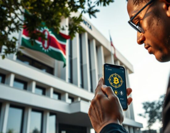 Government building in Nairobi with person viewing crypto wallet on smartphone
