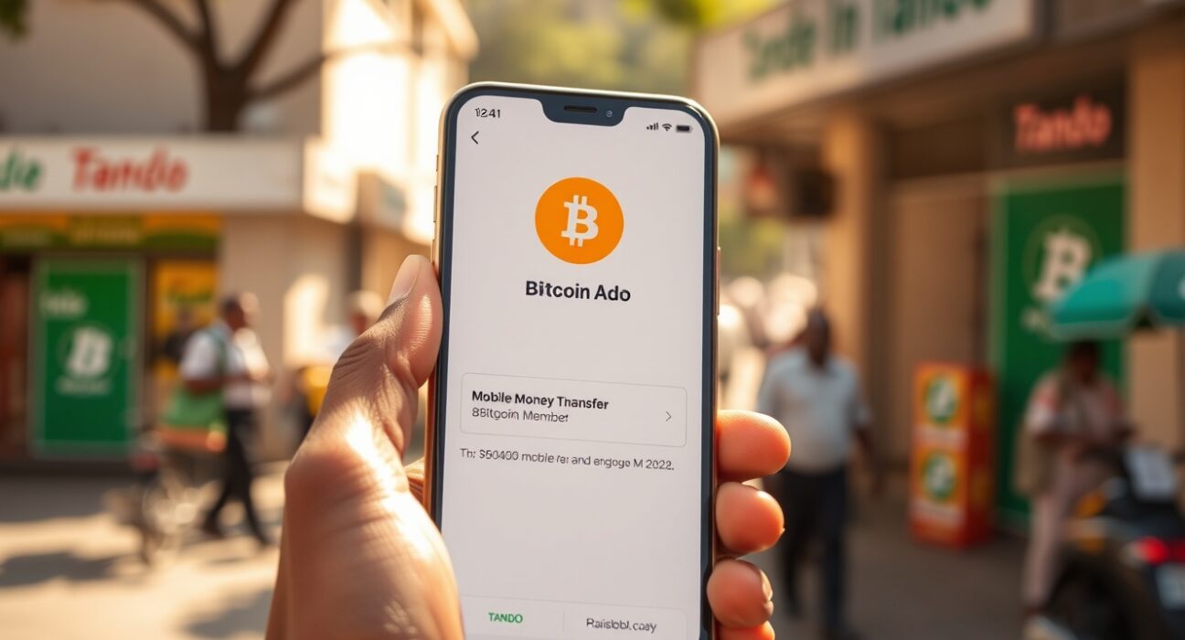 Person using Tando app on smartphone for Bitcoin transfer in Nairobi, Kenya