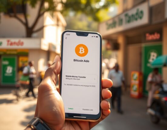 Person using Tando app on smartphone for Bitcoin transfer in Nairobi, Kenya