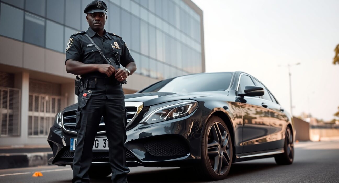 Kenyan police officer next to impounded Mercedes-Benz in fake gold scam investigation