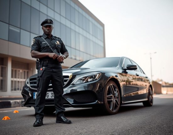 Kenyan police officer next to impounded Mercedes-Benz in fake gold scam investigation