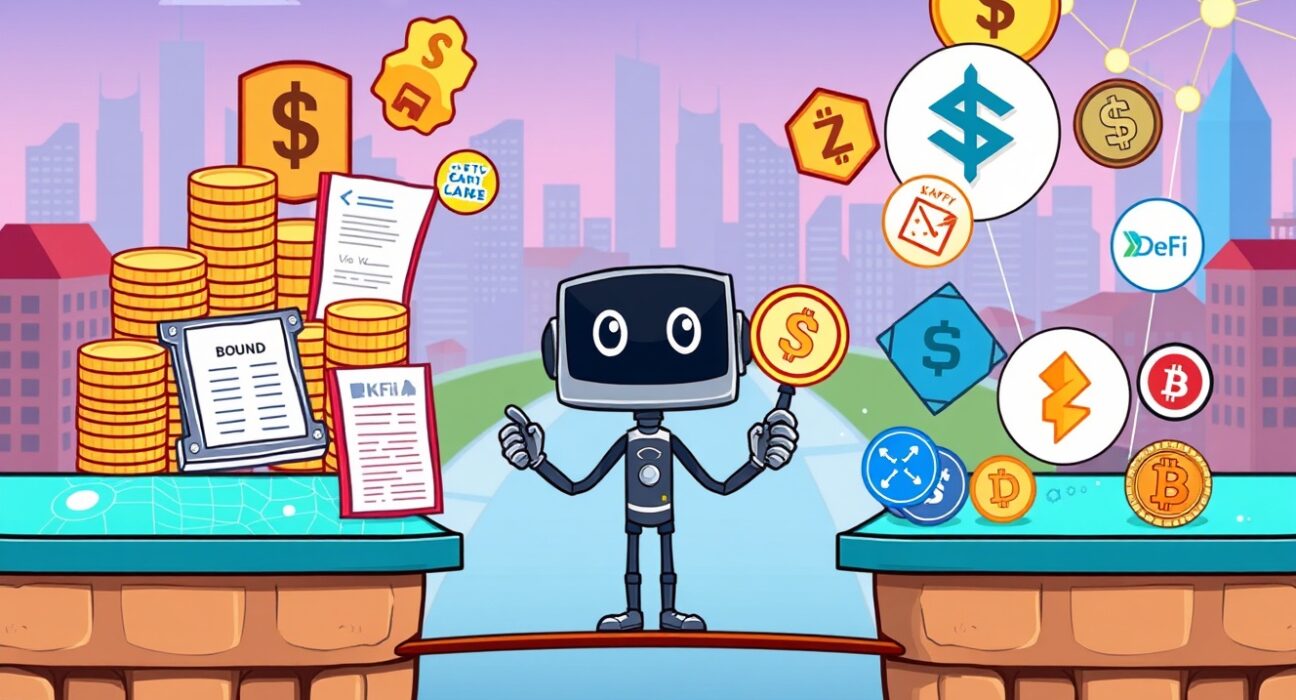 Cartoon showing a bridge between traditional finance and DeFi, symbolized by Kernel DAO's reward-bearing stablecoin KUSD.