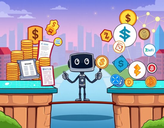 Cartoon showing a bridge between traditional finance and DeFi, symbolized by Kernel DAO's reward-bearing stablecoin KUSD.