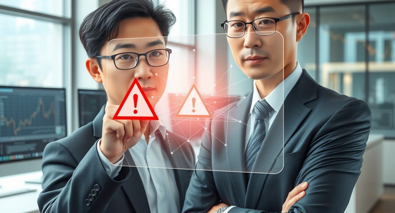 Security analyst reviewing KernelDAO blockchain warning on holographic display in professional office setting.