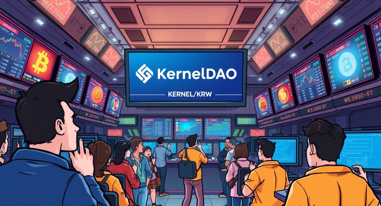 Cartoon illustration of a bustling crypto exchange with KernelDAO symbols, representing Upbit's major KernelDAO listing.