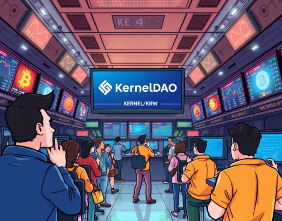 Cartoon illustration of a bustling crypto exchange with KernelDAO symbols, representing Upbit's major KernelDAO listing.