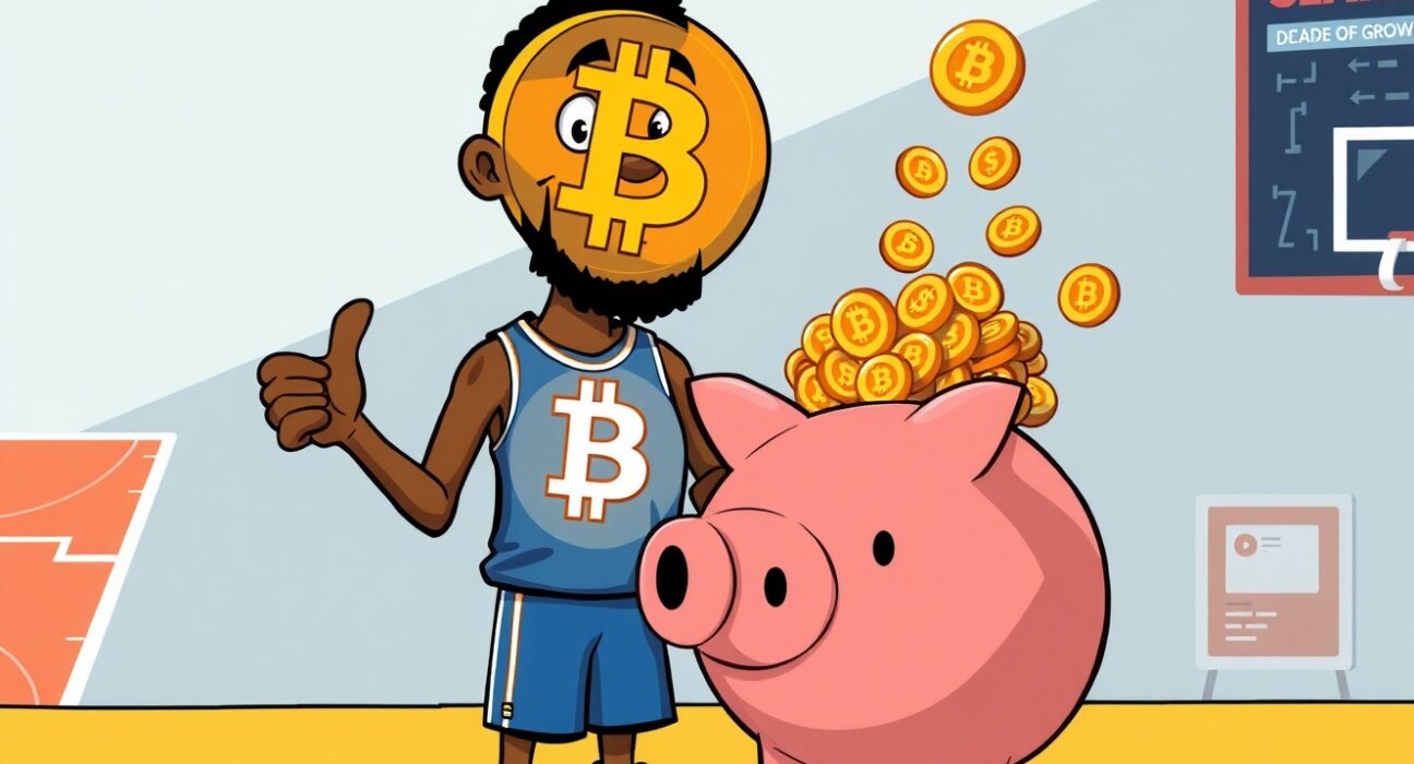 Cartoon illustration of NBA star Kevin Durant celebrating his astonishing Kevin Durant Bitcoin investment return after recovering his old account.
