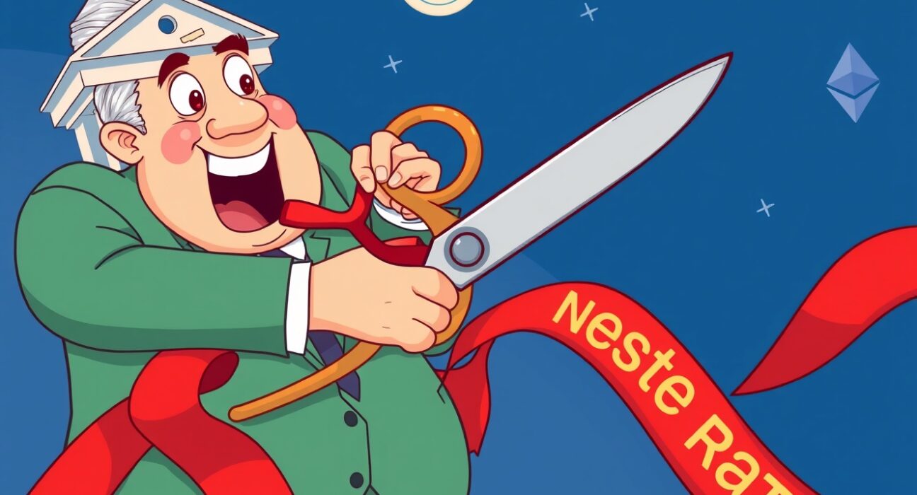 Cartoon illustration of a central banker making an interest rate cut decision with crypto symbols in background