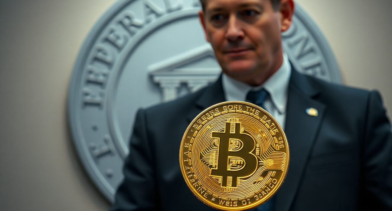 Federal Reserve Chairman Kevin Warsh at a podium with a Bitcoin coin, symbolizing his statement calling Bitcoin the new gold.