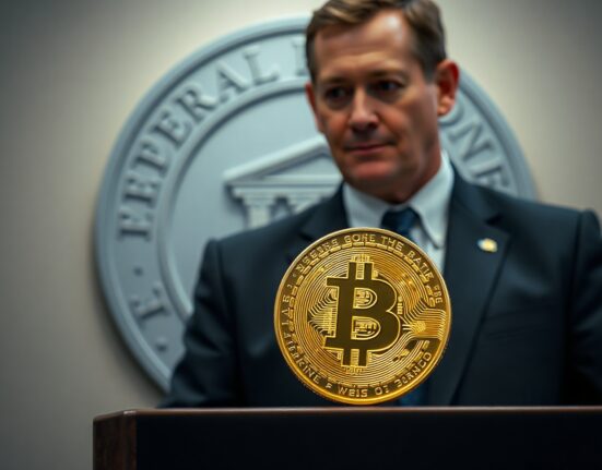 Federal Reserve Chairman Kevin Warsh at a podium with a Bitcoin coin, symbolizing his statement calling Bitcoin the new gold.