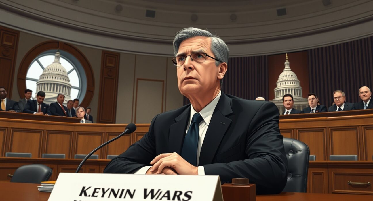 Kevin Warsh confirmed by US Senate Banking Committee in a hearing room with senators and American flags.