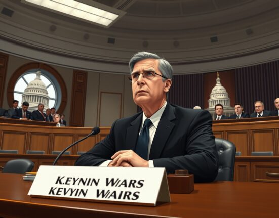 Kevin Warsh confirmed by US Senate Banking Committee in a hearing room with senators and American flags.