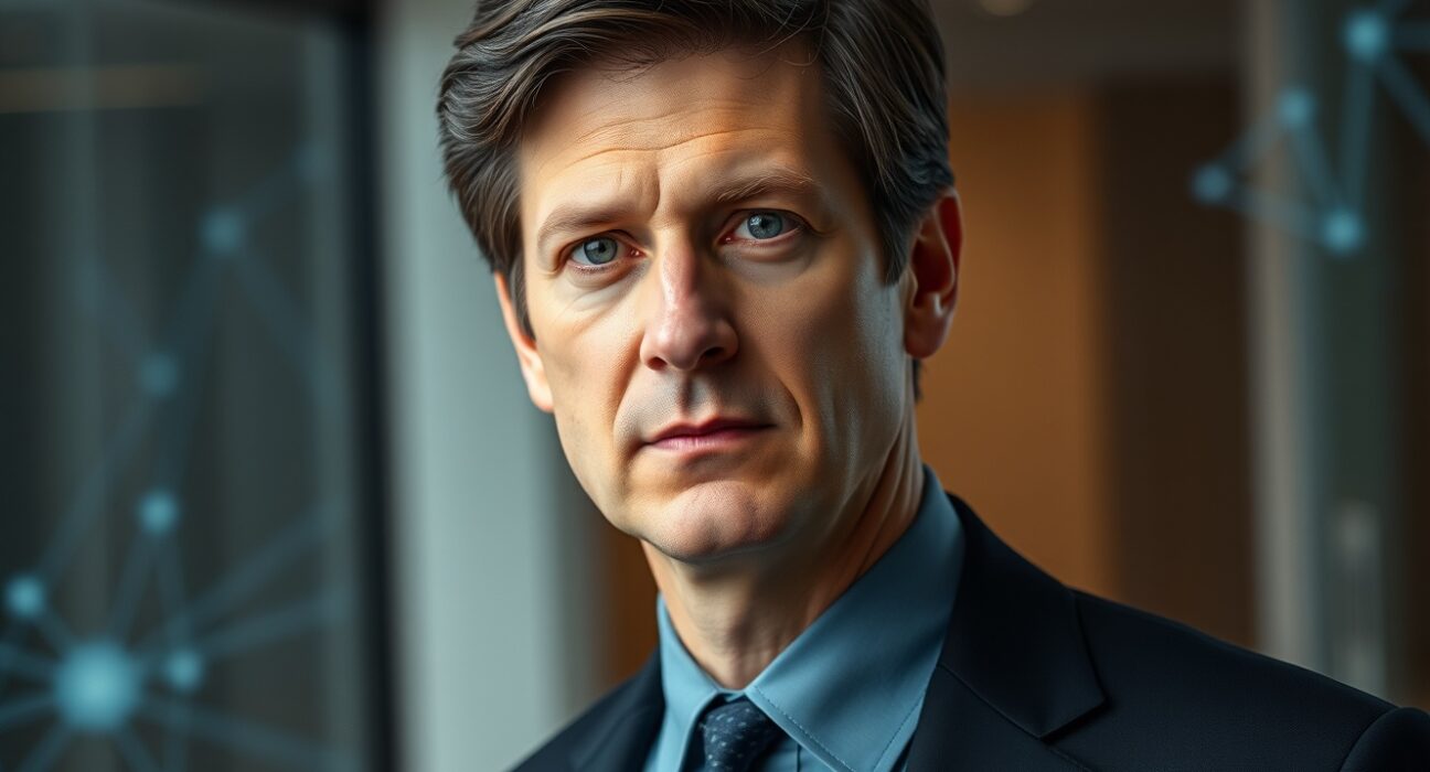 Federal Reserve Chair nominee Kevin Warsh with background crypto infrastructure visualization