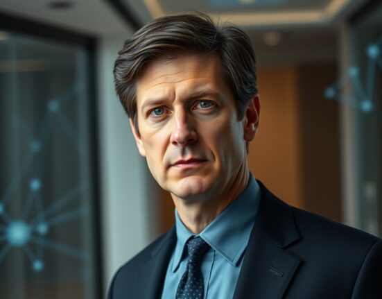 Federal Reserve Chair nominee Kevin Warsh with background crypto infrastructure visualization