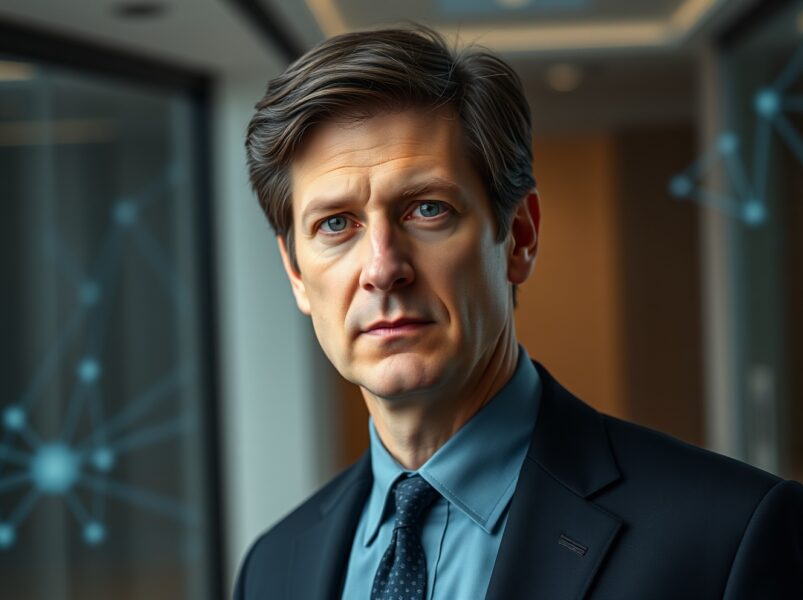 Federal Reserve Chair nominee Kevin Warsh with background crypto infrastructure visualization