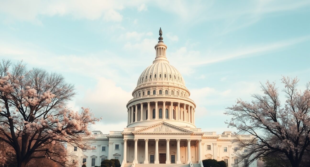 United States Capitol building on a spring day, setting for Senate confirmation vote on Kevin Warsh as Federal Reserve Chair.