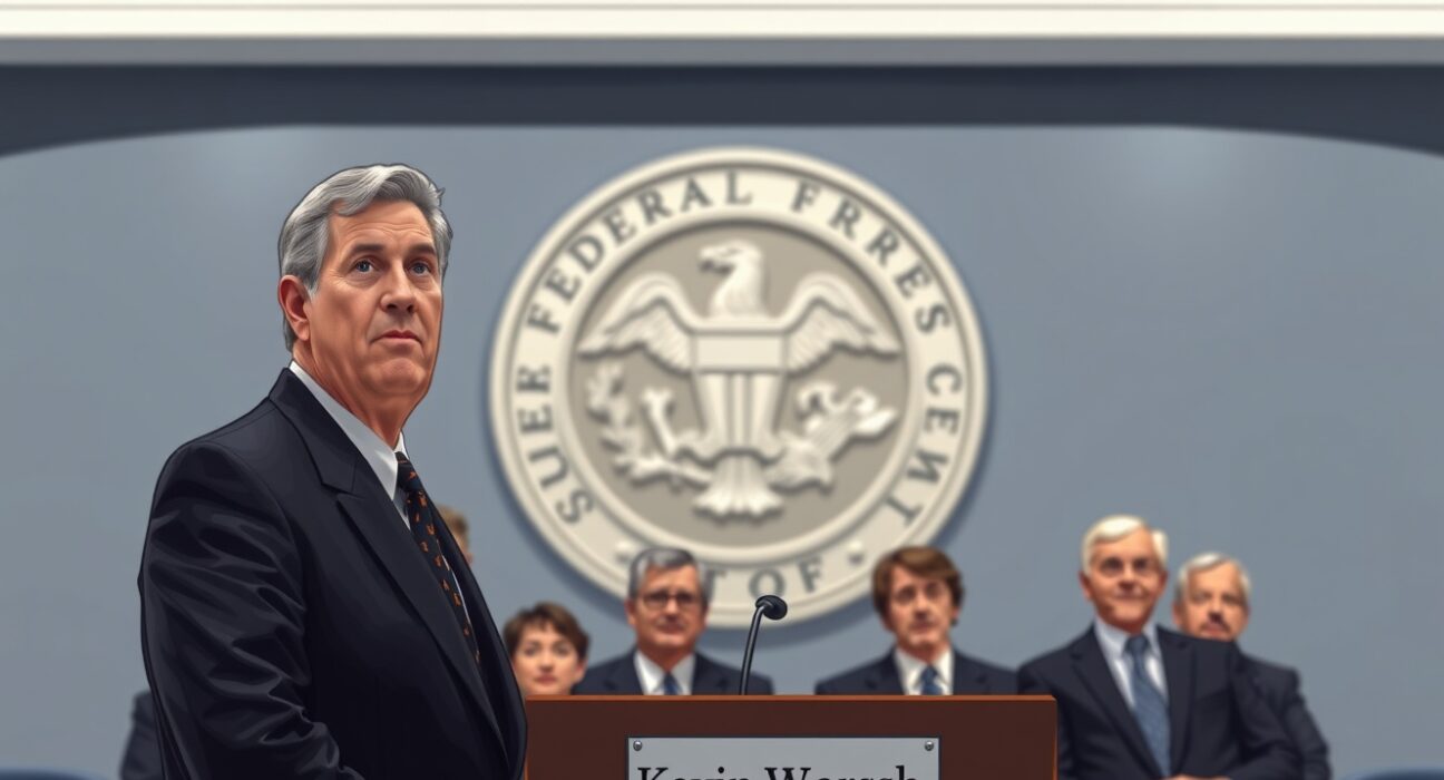 Kevin Warsh at a Federal Reserve podium, with Polymarket probability chart overlay representing 83% odds of Fed Chair appointment by May 15.