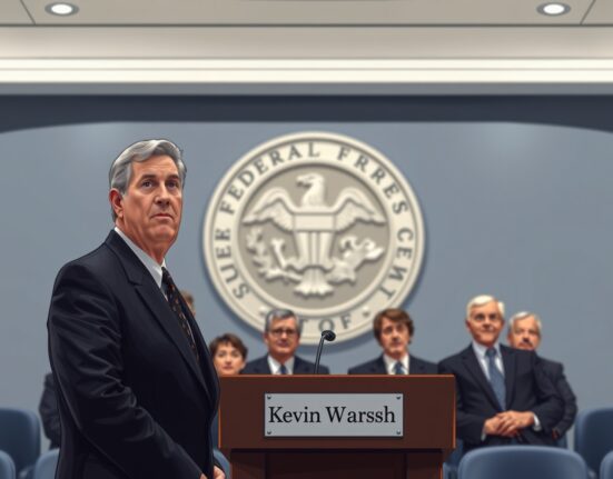 Kevin Warsh at a Federal Reserve podium, with Polymarket probability chart overlay representing 83% odds of Fed Chair appointment by May 15.