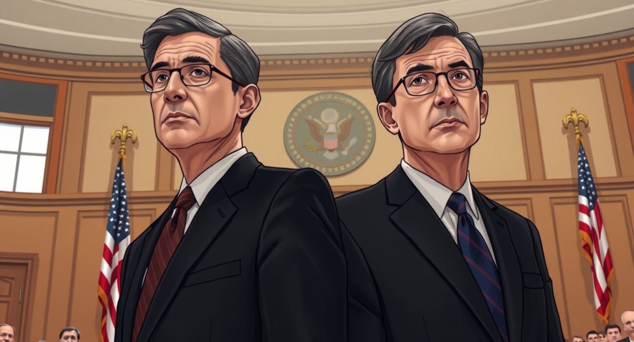Jerome Powell and Kevin Warsh at a Senate hearing, highlighting the Fed chair candidate's commitment to principles.