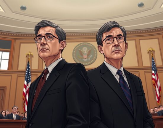 Jerome Powell and Kevin Warsh at a Senate hearing, highlighting the Fed chair candidate's commitment to principles.