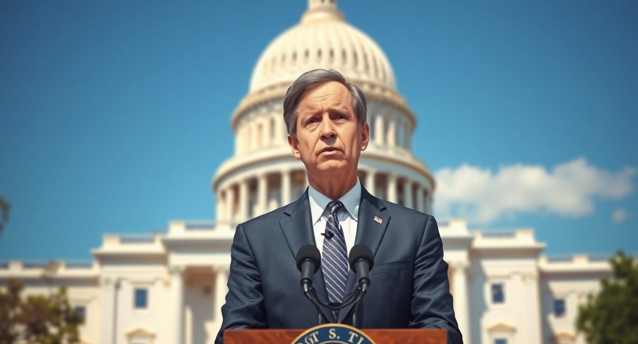Senator Thom Tillis speaks at a podium with the U.S. Capitol in the background, supporting Kevin Warsh for Fed chair after DOJ concludes Powell investigation.
