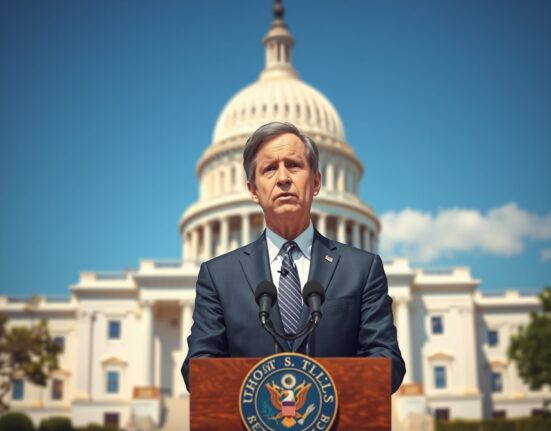 Senator Thom Tillis speaks at a podium with the U.S. Capitol in the background, supporting Kevin Warsh for Fed chair after DOJ concludes Powell investigation.