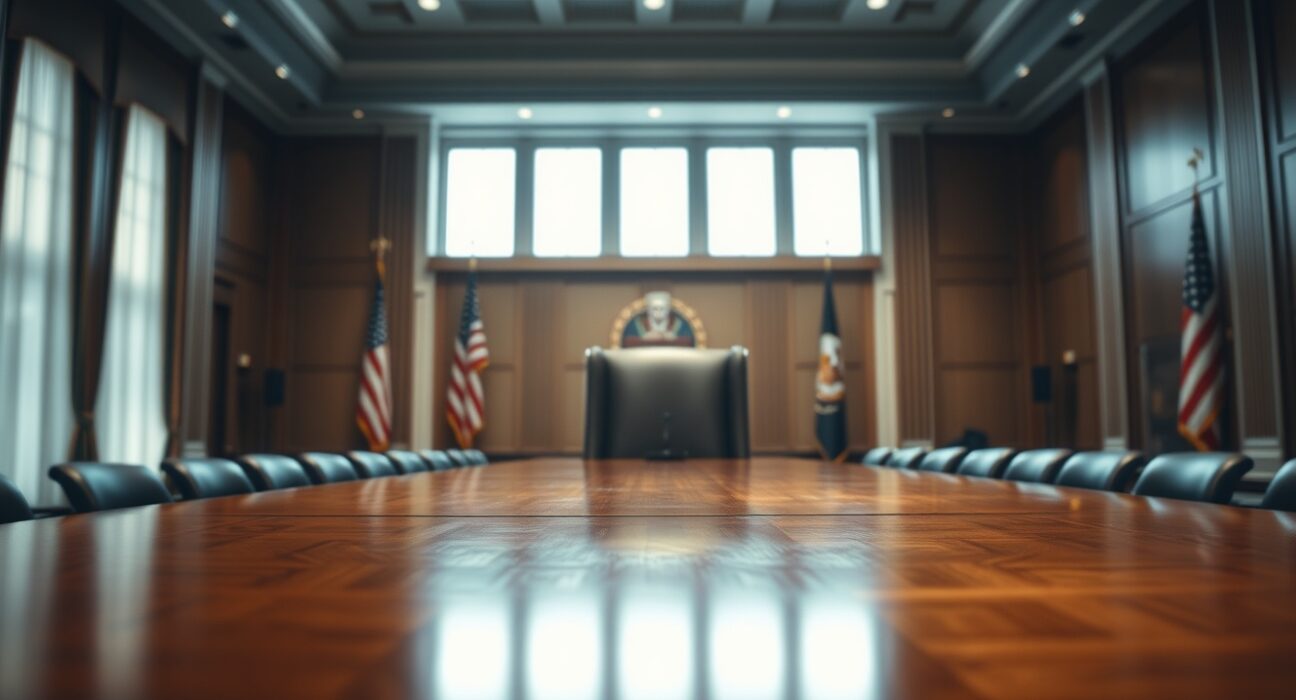 Interior of the Federal Reserve Board room with an empty chairman's seat, representing the upcoming leadership transition.