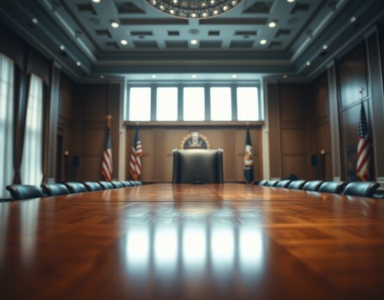 Interior of the Federal Reserve Board room with an empty chairman's seat, representing the upcoming leadership transition.