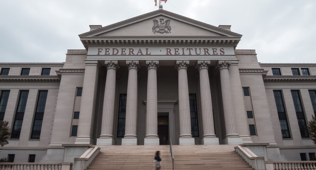 Exterior of the Federal Reserve building in Washington, D.C., under overcast sky