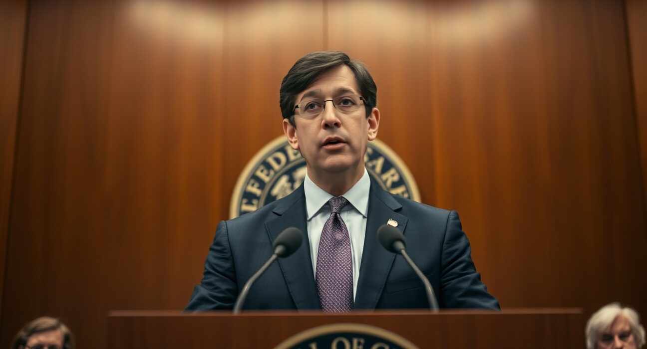 Kevin Warsh speaking at a press conference with the Federal Reserve seal in the background