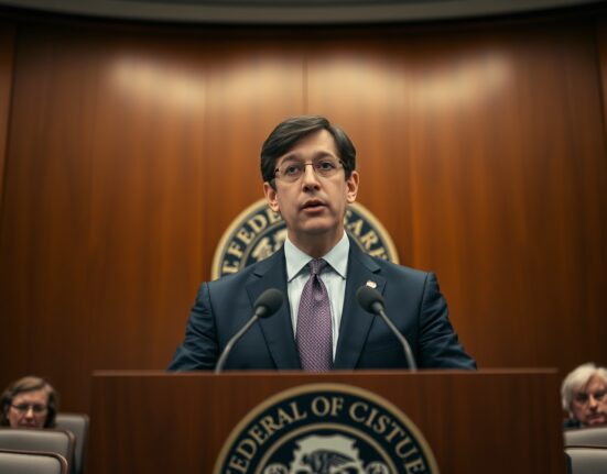 Kevin Warsh speaking at a press conference with the Federal Reserve seal in the background