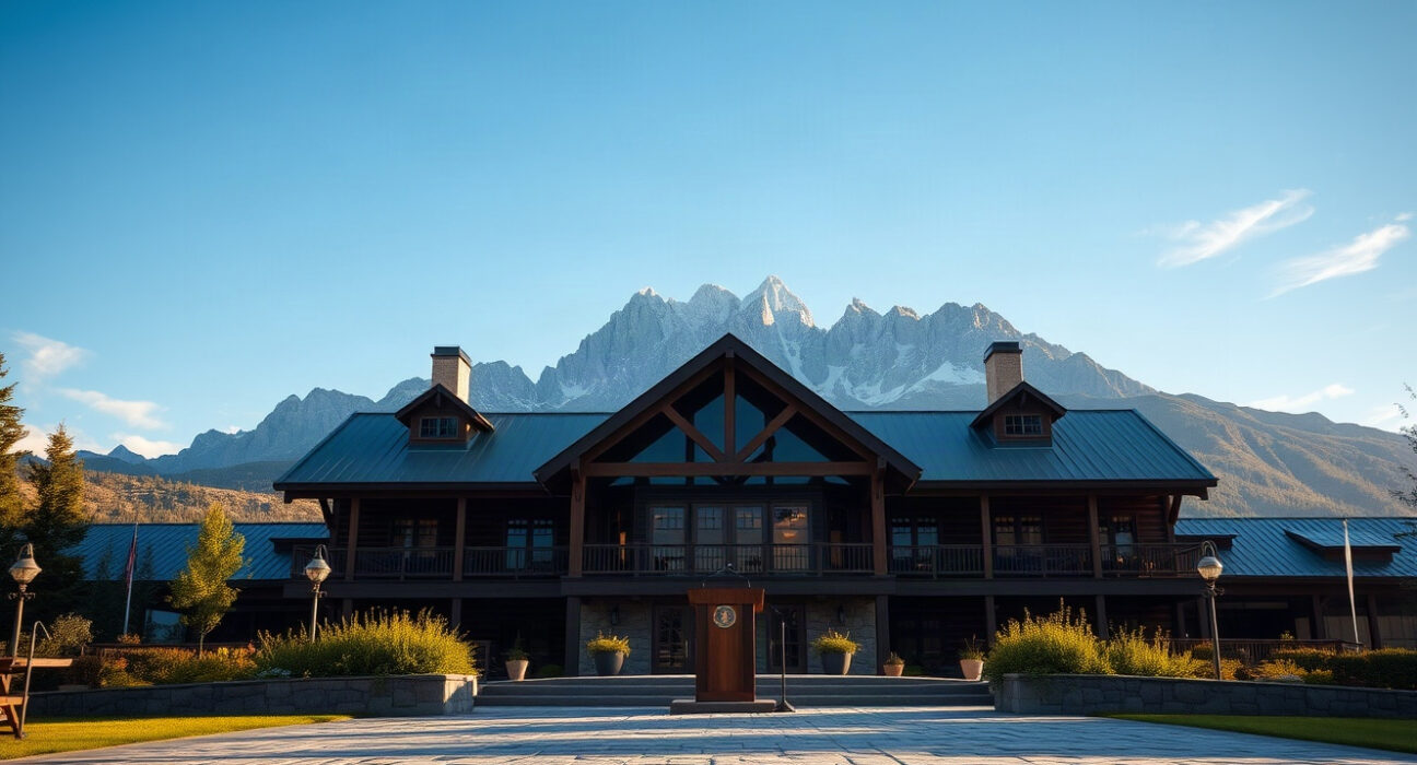 Jackson Lake Lodge in Wyoming, site of the Jackson Hole Economic Symposium, with Teton mountains in background.