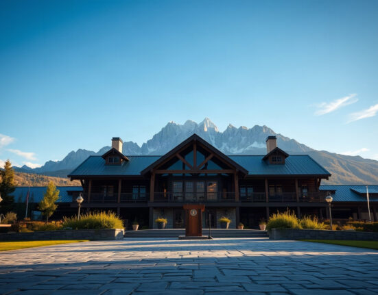 Jackson Lake Lodge in Wyoming, site of the Jackson Hole Economic Symposium, with Teton mountains in background.