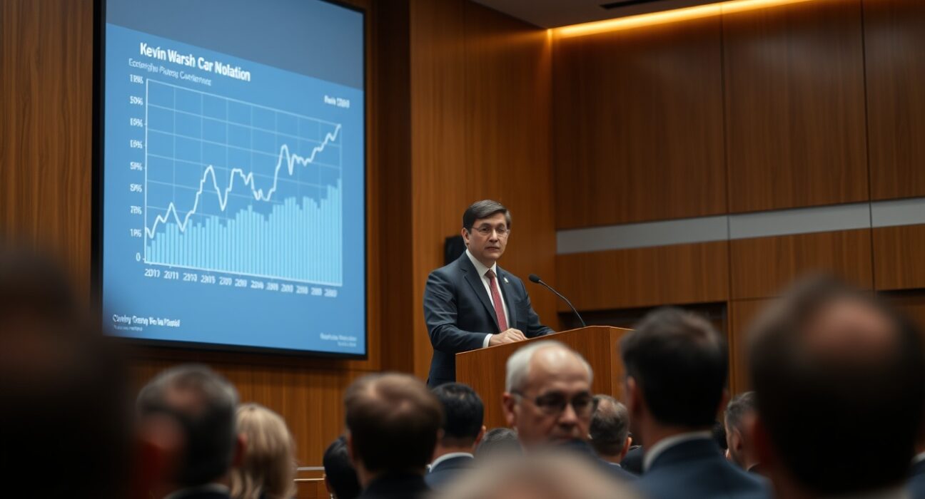 Kevin Warsh speaking at an economic conference with a financial chart in the background.