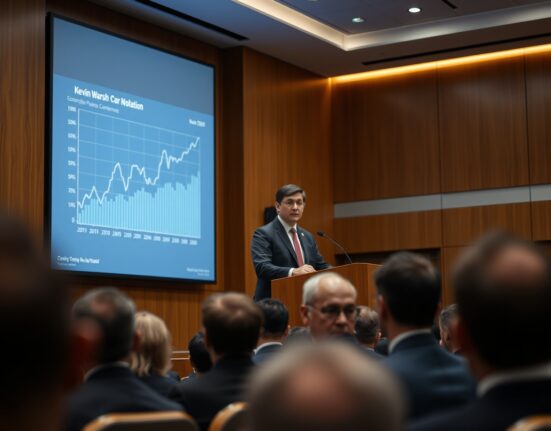 Kevin Warsh speaking at an economic conference with a financial chart in the background.