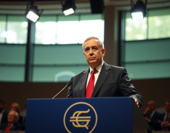 Kevin Warsh speaking at a podium at the ECB Forum in Sintra, Portugal, with a serious expression.