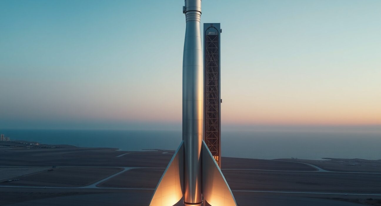 Stoke Space Nova reusable rocket on launch pad at dawn