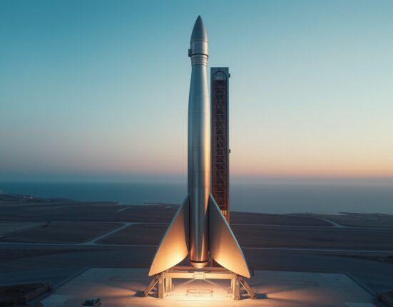Stoke Space Nova reusable rocket on launch pad at dawn
