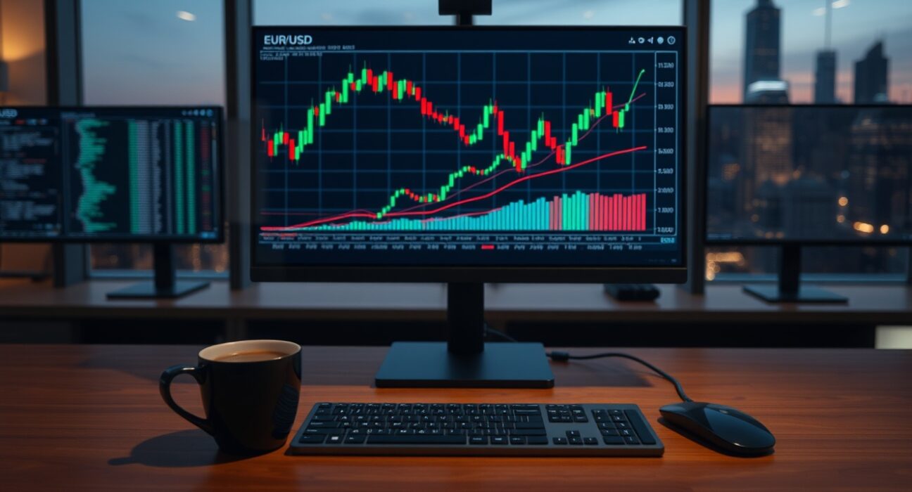 Forex trading screen showing EUR/USD candlestick chart with keyboard and coffee on desk.